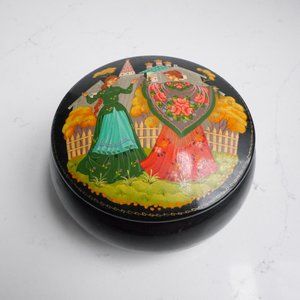 Russian Hand-painted Lacquer Round Keepsake Gift Box, Black, Vintage